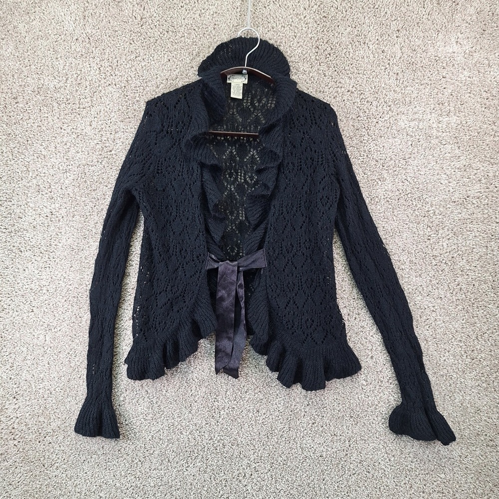Next Era Cardigan Womens Large Black Ruffle Open Front Tie Pointelle Knit Lace